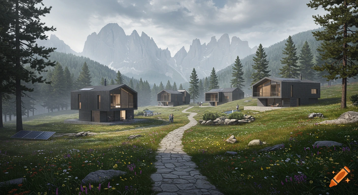 Modern houses in a green mountain valley with a stone path, tall pine trees, and cloudy mountains in the background.