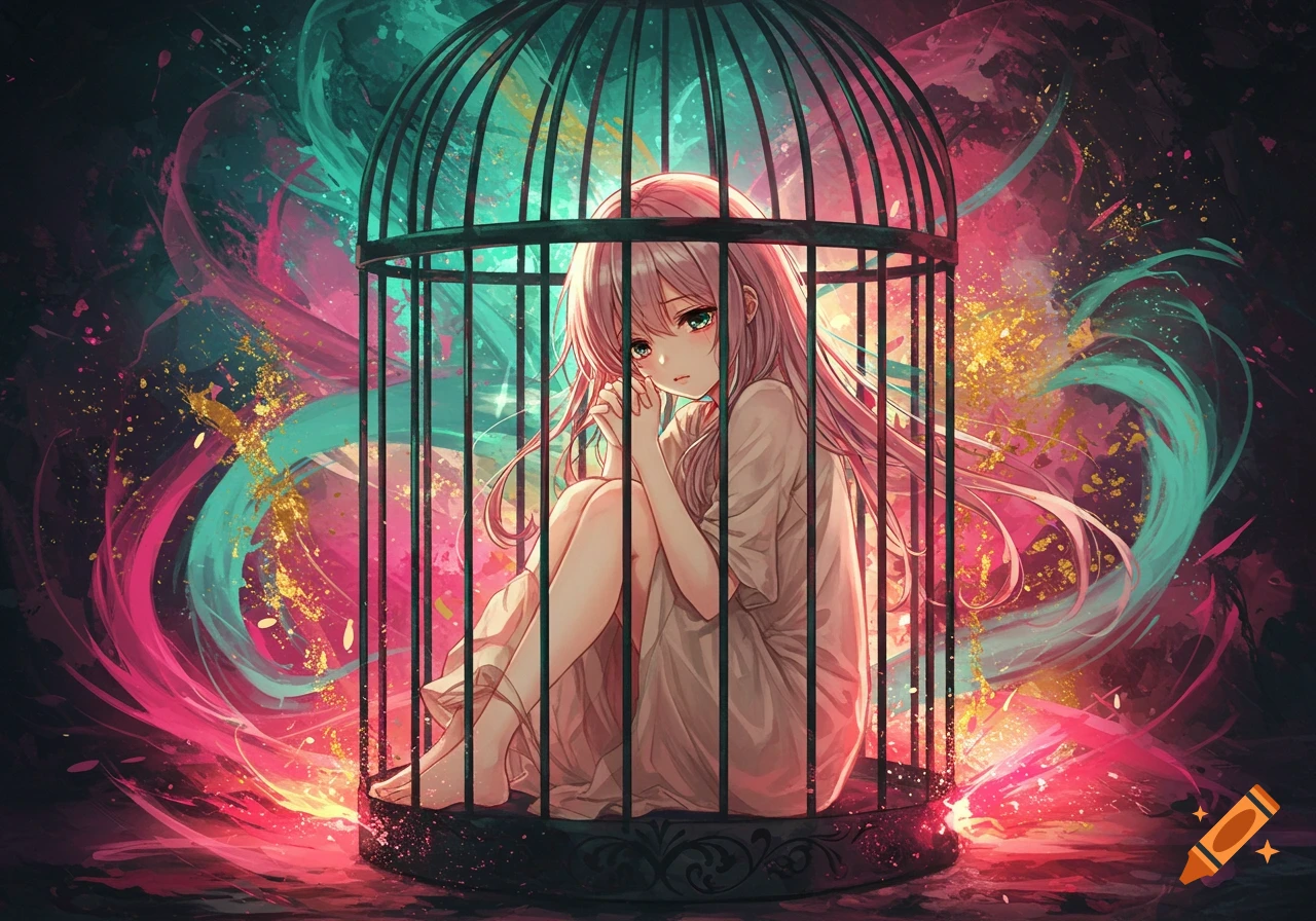 An anime girl with pink hair sits sadly inside a dark bird cage, surrounded by a vibrant, abstract background of pink, blue, and gold swirls.