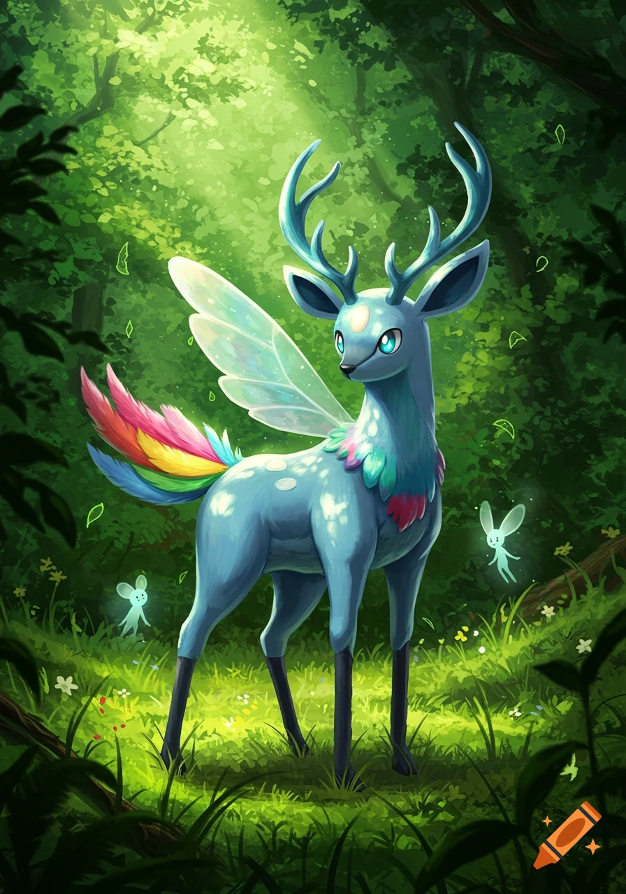 A blue deer-like creature with antlers, clear wings, and a rainbow tail stands in a vibrant green forest with glowing sprites.
