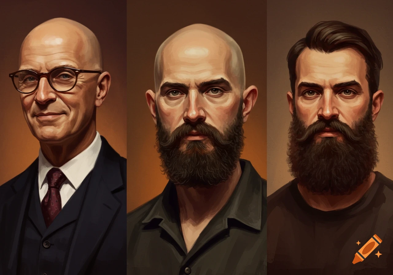 Three illustrative portraits of men: one bald with glasses, one bald with a beard, and one with hair and a beard.