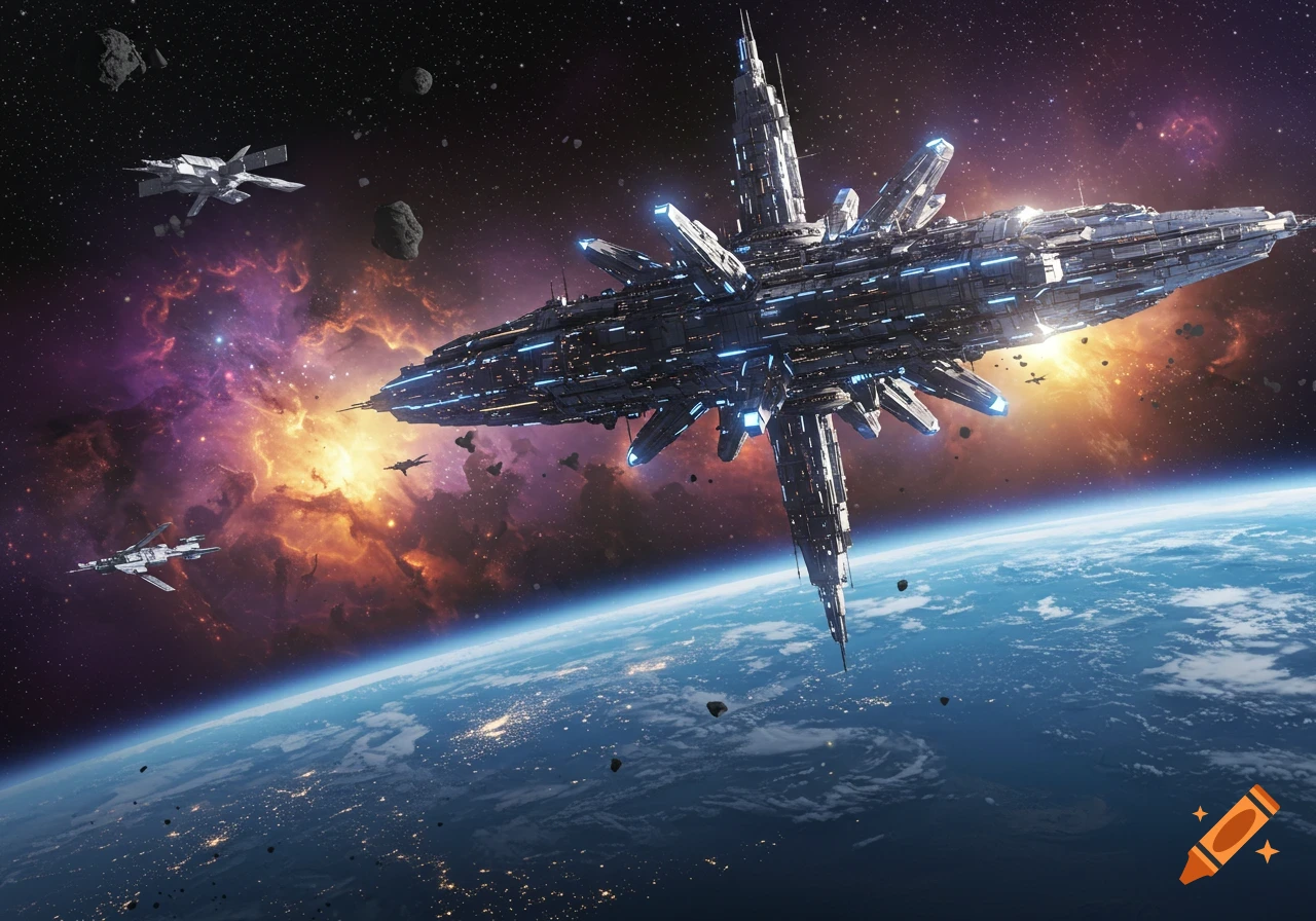 A massive futuristic space station orbits a blue and white planet, flanked by smaller spaceships and asteroids in a vibrant nebula.