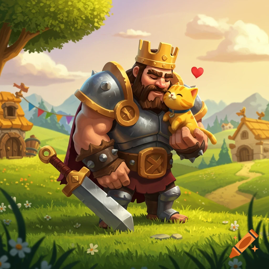 A cartoon barbarian king with a beard and crown gently hugs a small yellow cat in a green, pastoral landscape with quaint houses.