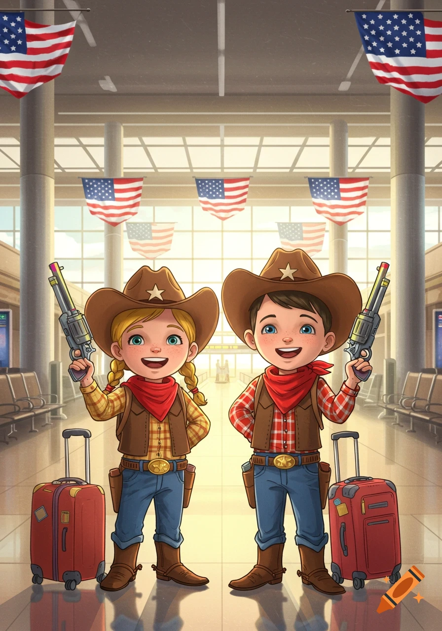 Smiling cartoon boy and girl in cowboy outfits with toy guns and suitcases stand in an airport with American flags.