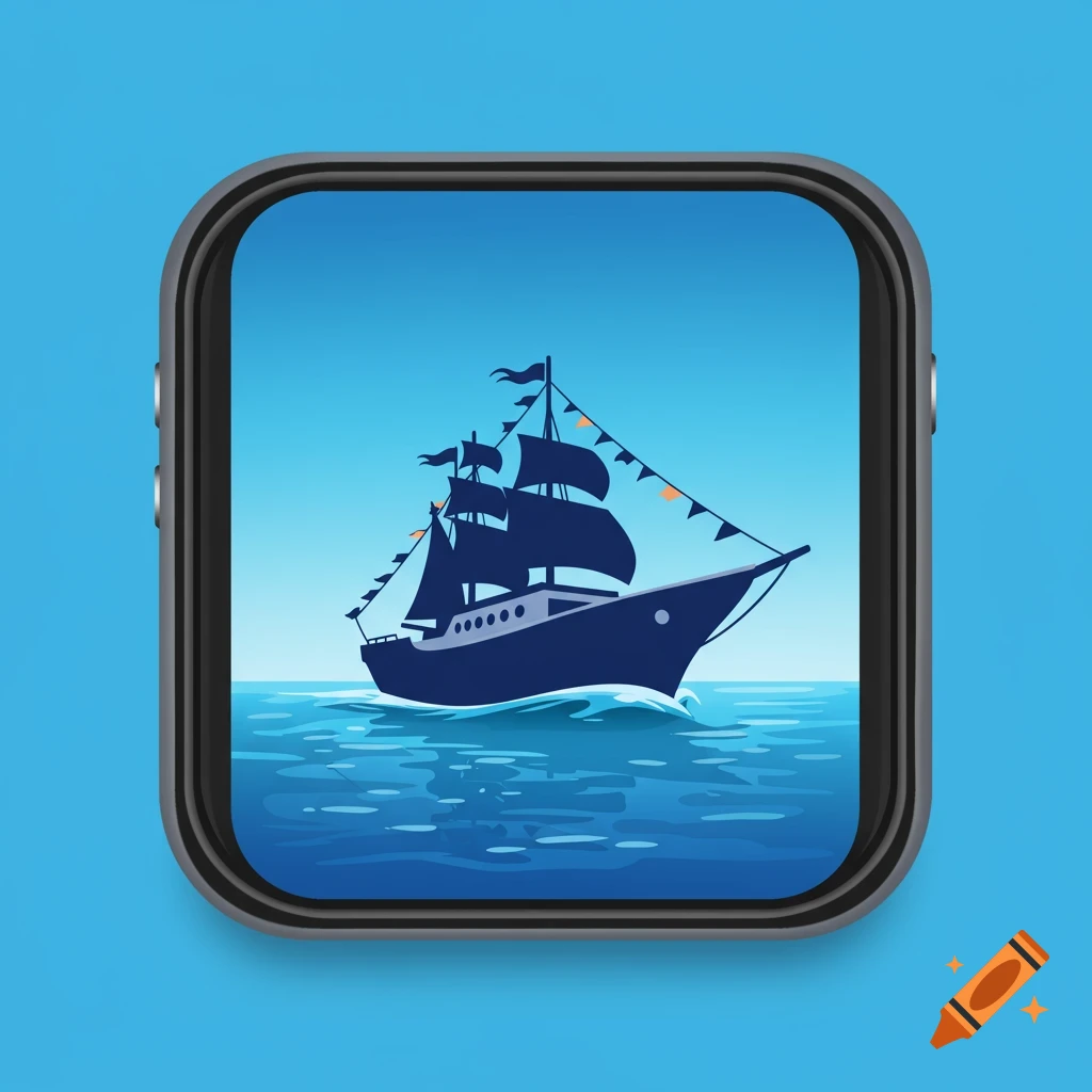 Stylized illustration of a dark blue sailing ship on water, displayed within a modern smartphone screen.