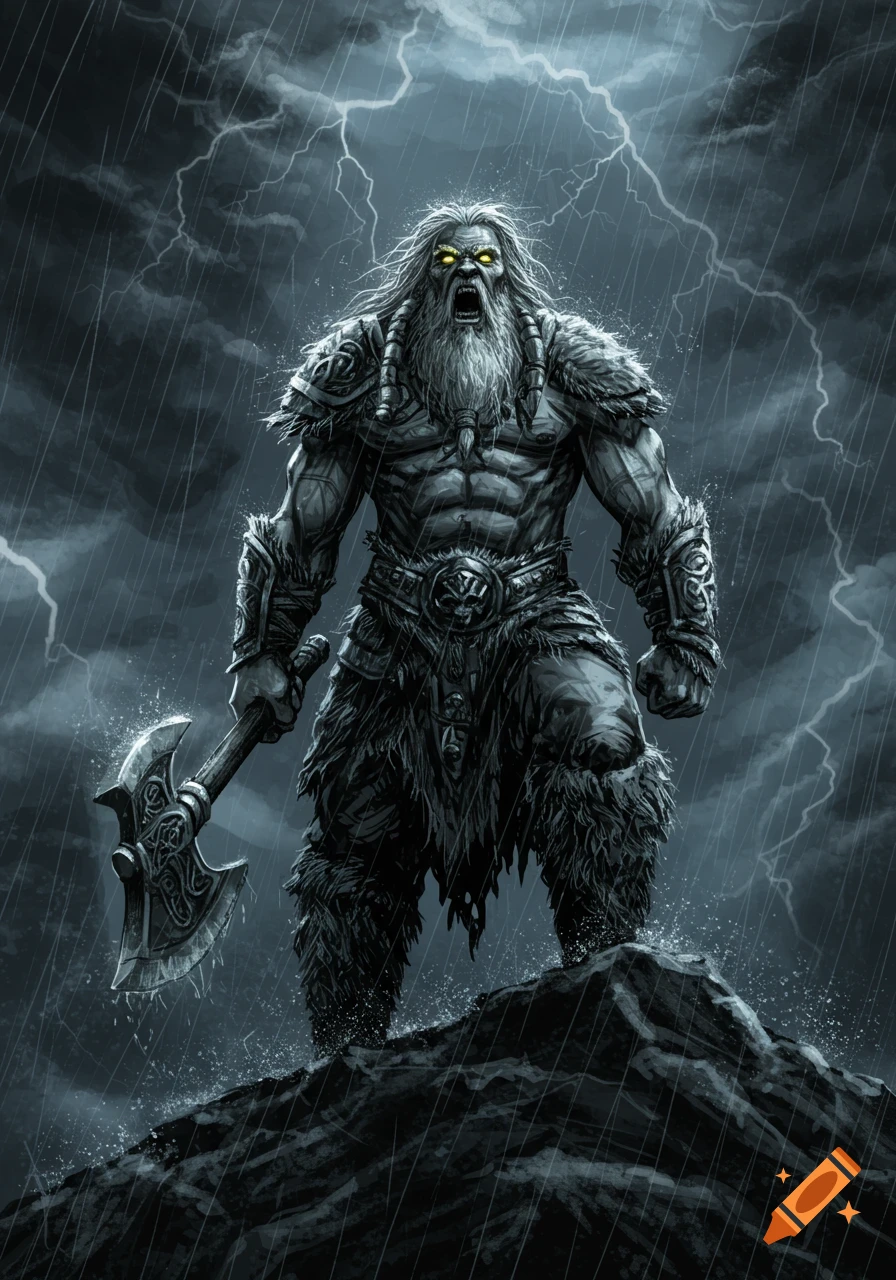 A roaring, muscular barbarian with a long beard and glowing eyes stands on a stormy peak, wielding an axe amidst rain and lightning in a dark fantasy illustration.
