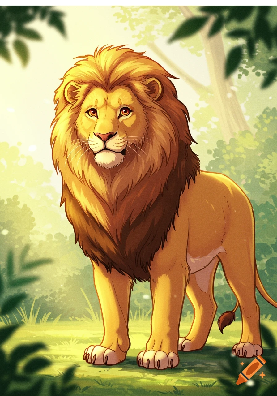 A majestic adult lion with a golden mane and warm tones, rendered in an anime style, stands calmly in a luminous, stylized forest.