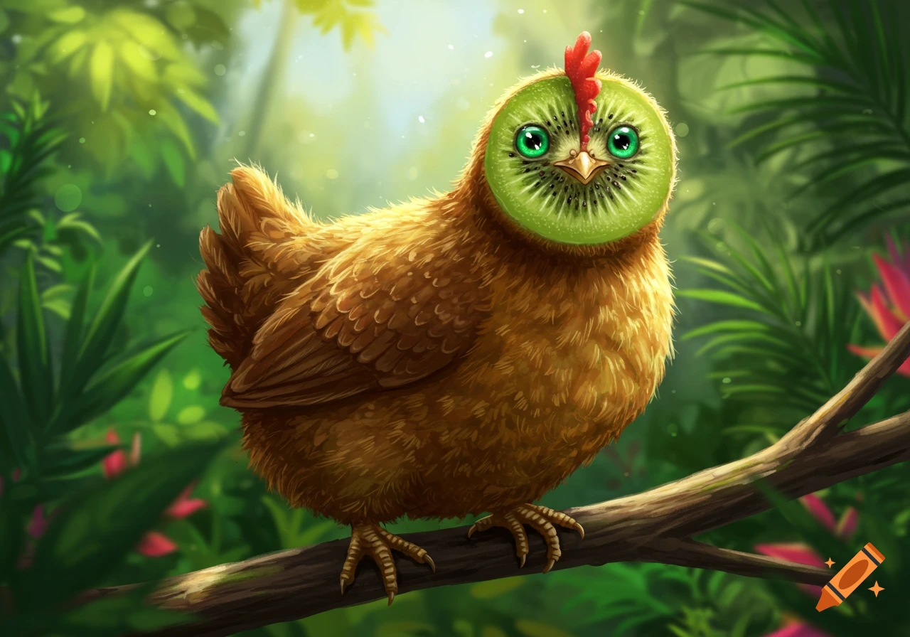 A whimsical cartoon fantasy chicken with a kiwi fruit for a head and bright green eyes, perched on a branch in a lush jungle.