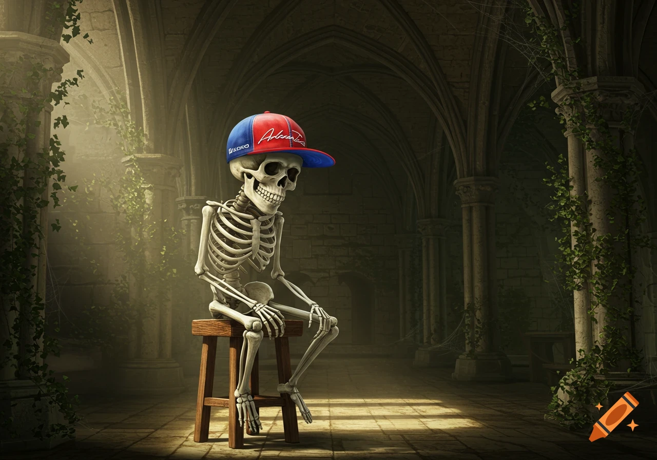 A skeleton wearing a red and blue baseball cap sits on a wooden stool in a dusty, overgrown gothic cathedral.