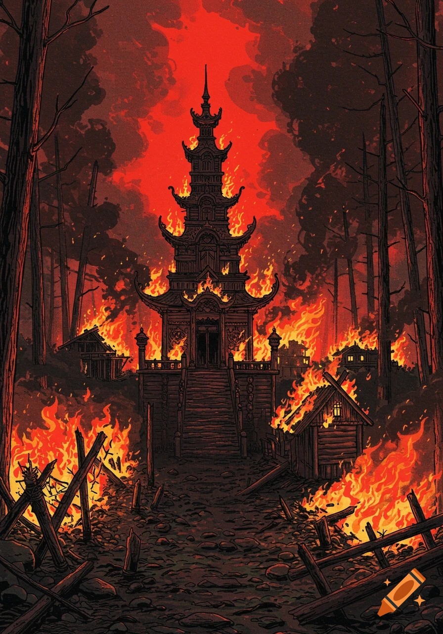 A large, ornate wooden temple and a village in a dark forest are engulfed in flames under a red, smoky sky, in an illustrated style.