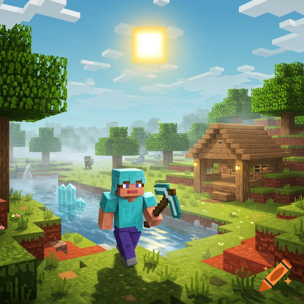 Minecraft character Steve in diamond armor holds a pickaxe, walking by a river, wooden house, and trees under a square sun.