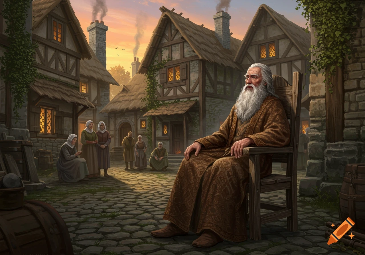 A thoughtful, white-bearded old man in a brown robe sits in a wooden chair in a cobblestone medieval village, with villagers and thatched-roof houses in the background.