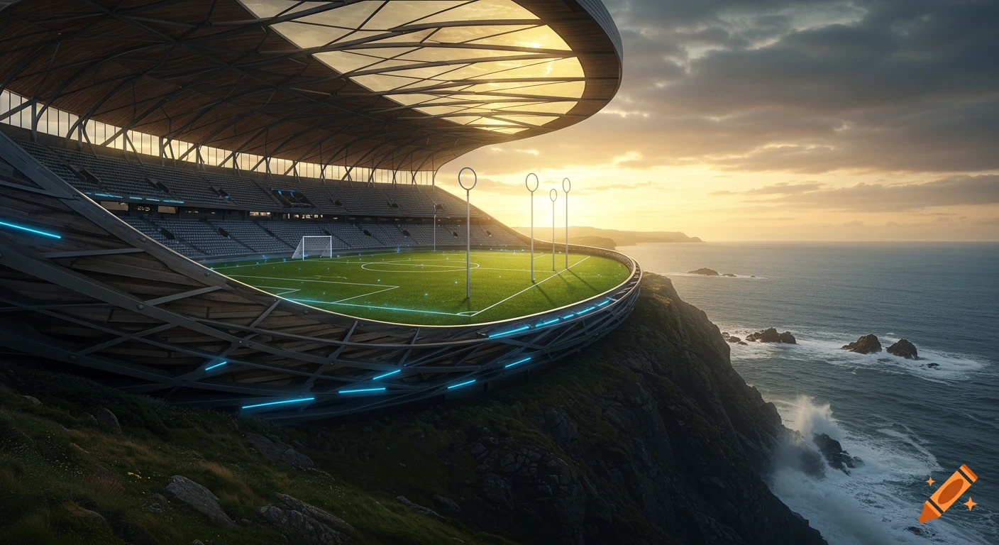 A modern Quidditch stadium perched on a rugged coastal cliff at sunset, overlooking a stormy sea with a green field and glowing blue lines.