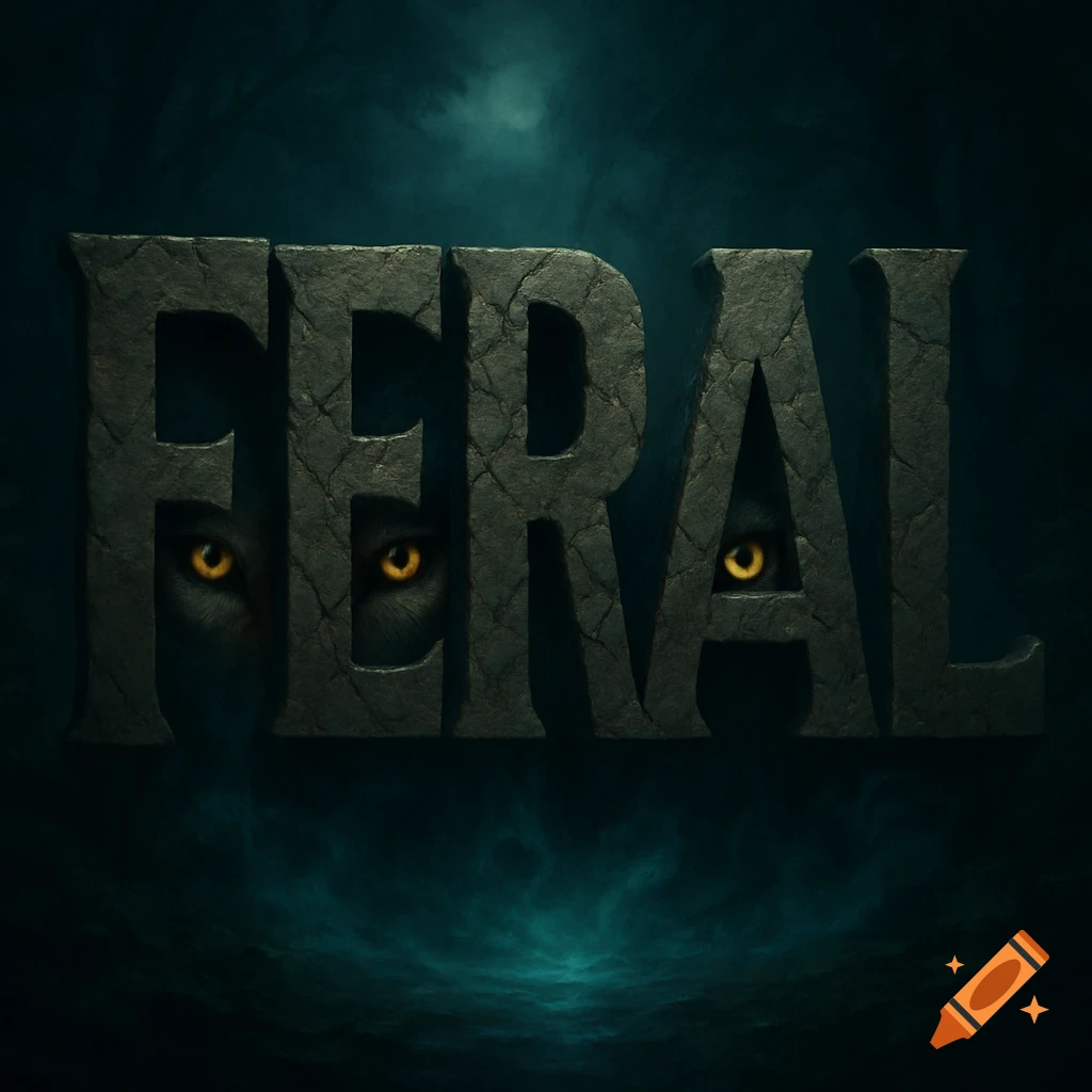 The word FERAL in textured stone letters with glowing yellow wolf eyes peering from within the letters on a dark, smoky background.