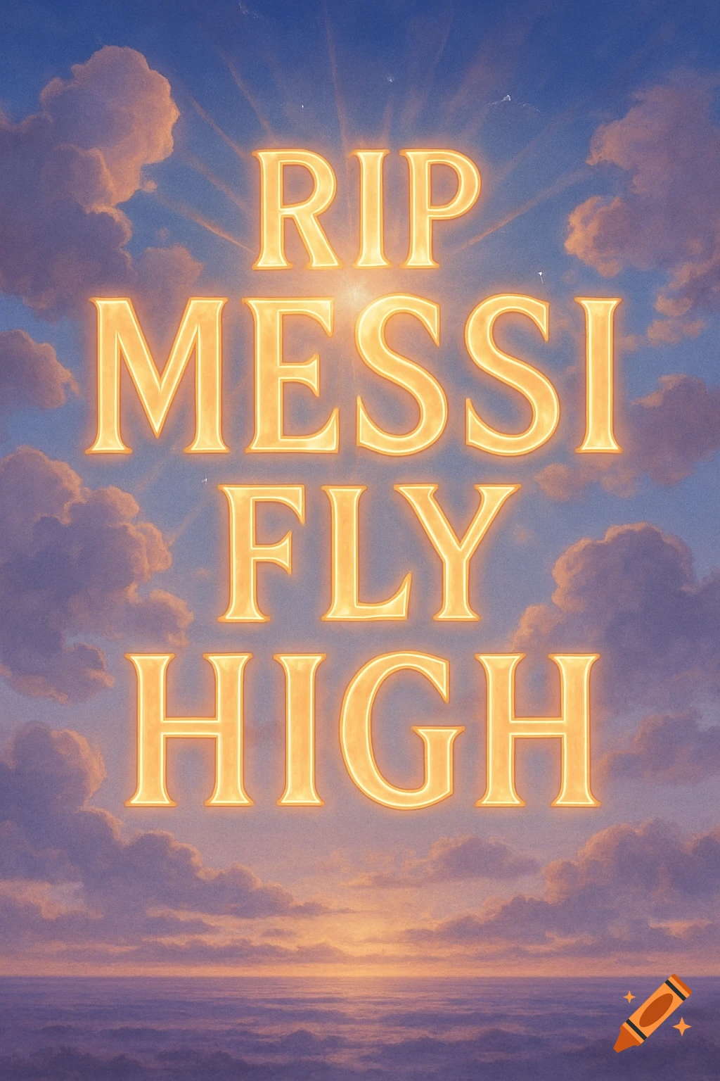 Glowing golden text 'RIP MESSI FLY HIGH' against a serene sky with clouds and a distant horizon at sunrise or sunset.