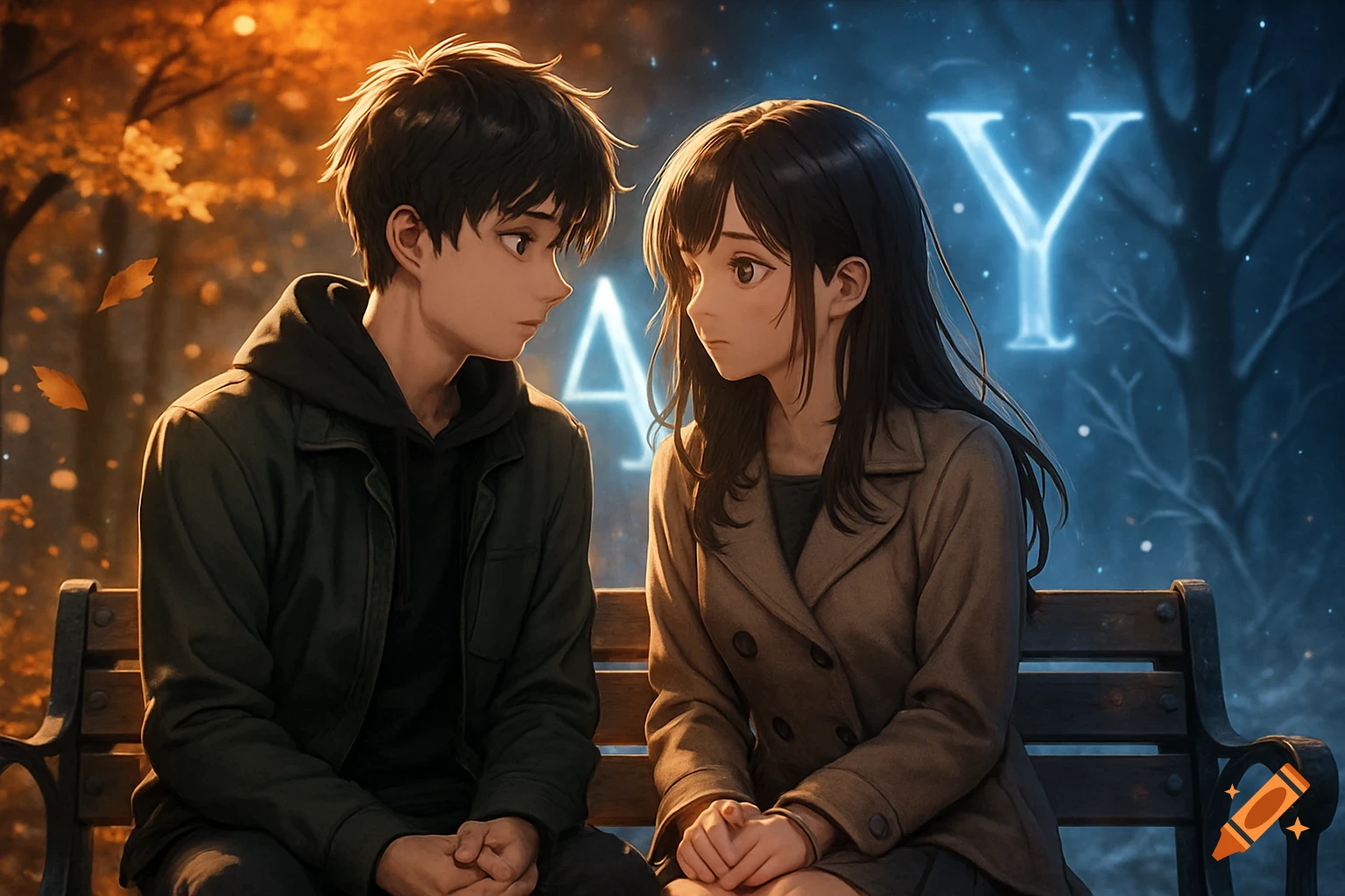 Anime-style illustration of a boy and girl sitting on a park bench, split background with autumn leaves and winter trees, glowing 'A' and 'Y'.