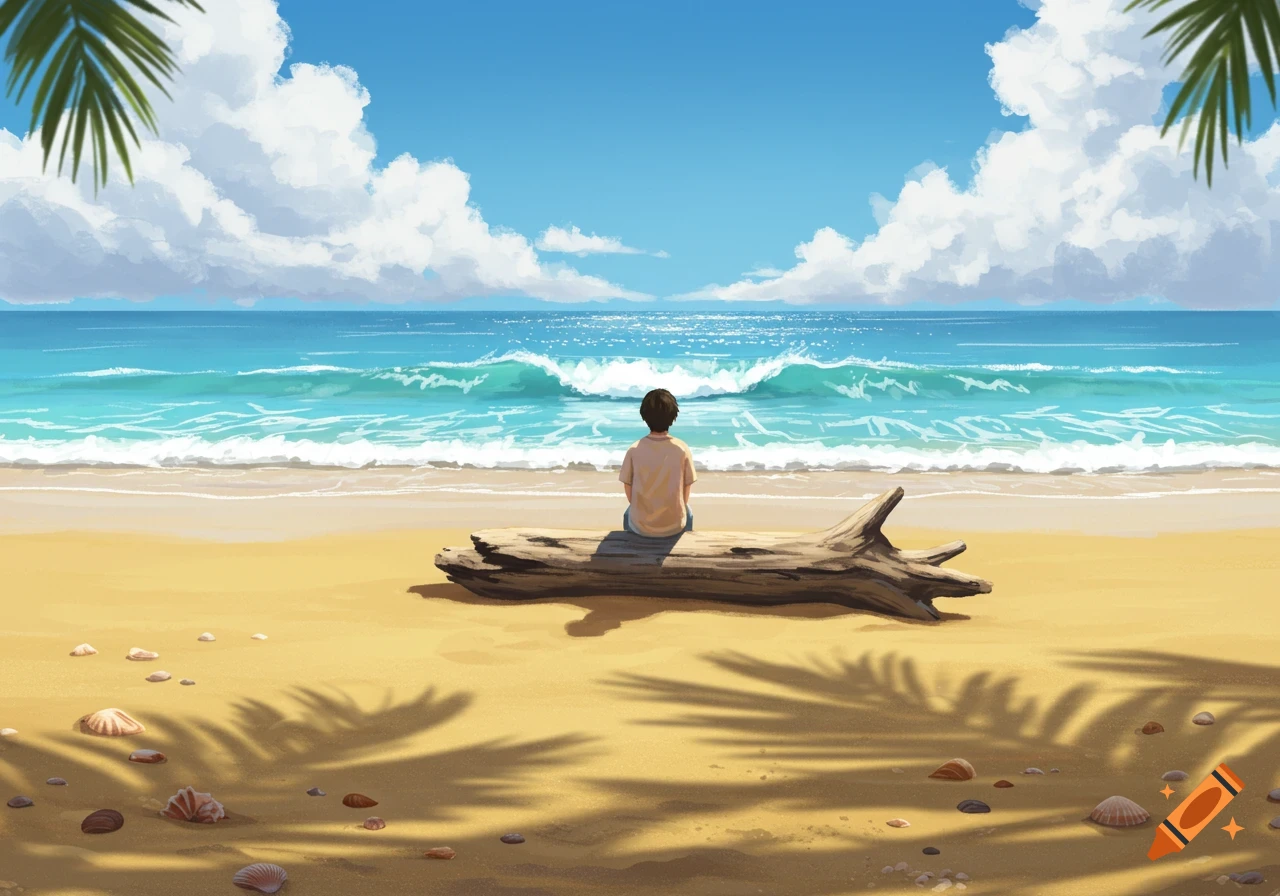 Digital painting of a child sitting on a log on a sandy beach, gazing at turquoise ocean waves under a blue sky.