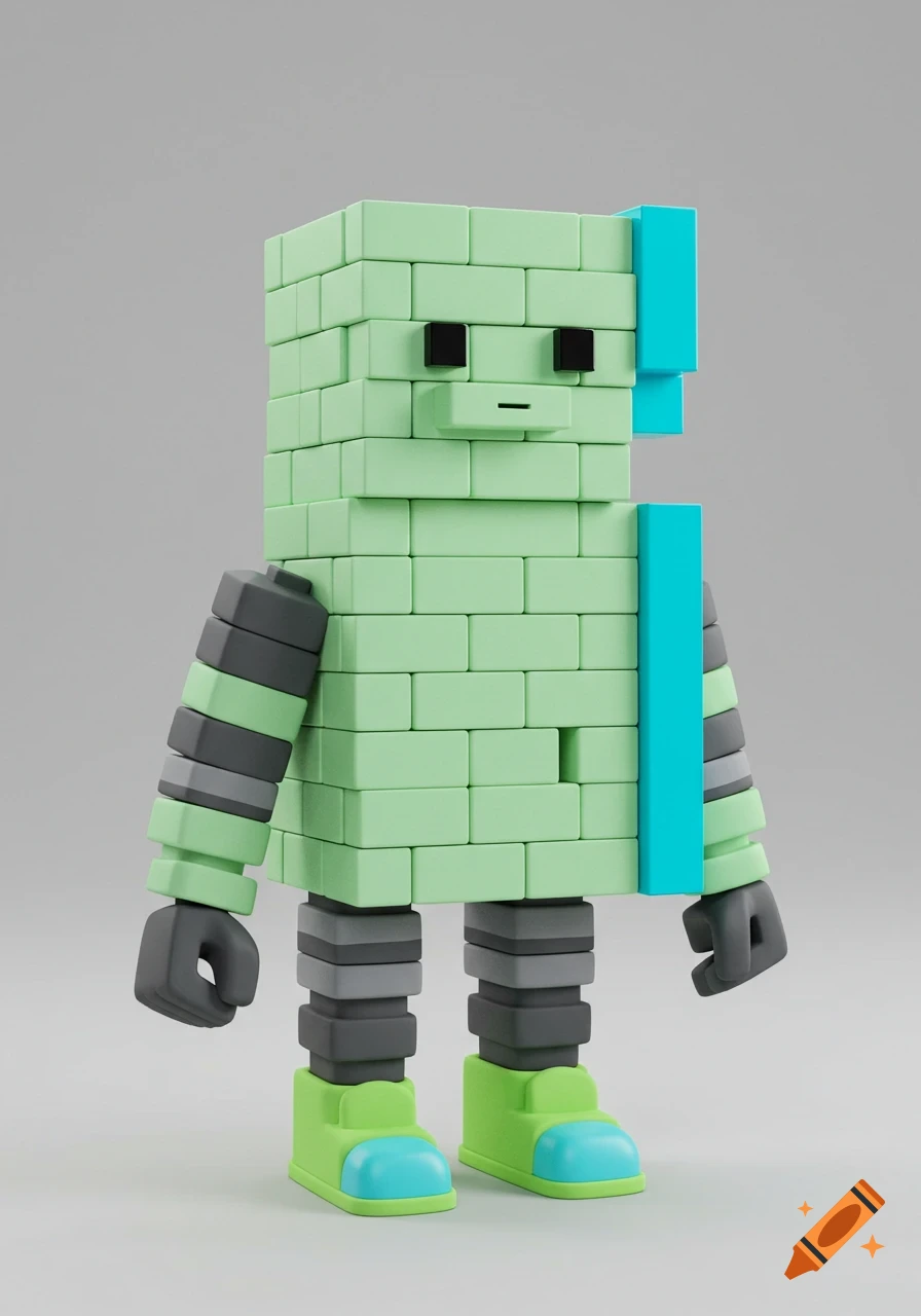 A blocky, mint-green figure with gray-striped arms, black hands, and lime-green and cyan shoes, standing against a gray background.