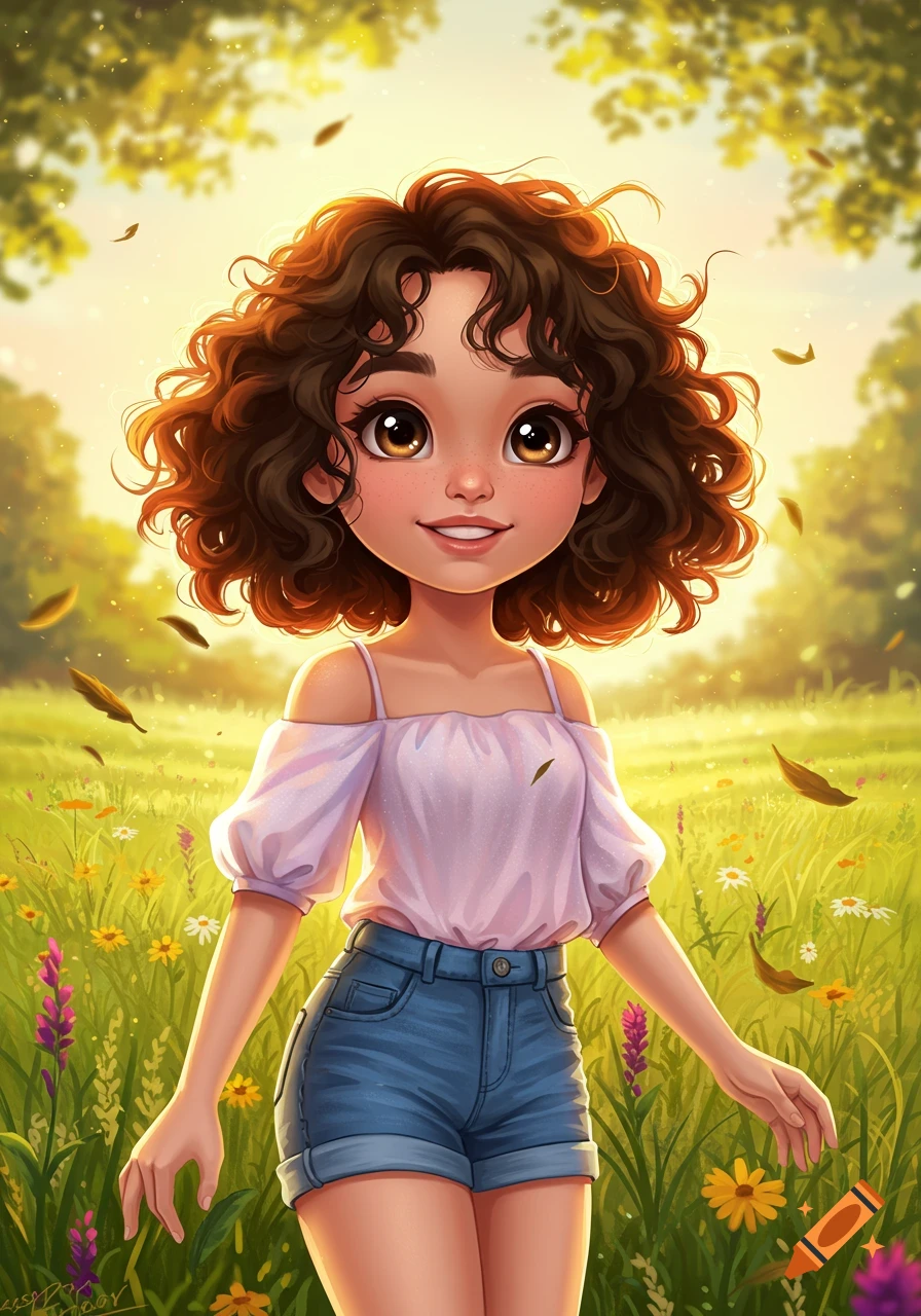 A cute cartoon girl with curly brown hair, wearing a pink top and jean shorts, stands in a sunny field with wildflowers and falling leaves.