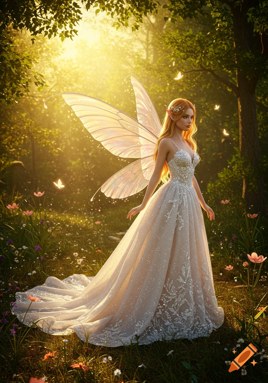 A radiant fairy in a sparkling white wedding dress with delicate wings stands in a sun-dappled magical forest with glowing butterflies.