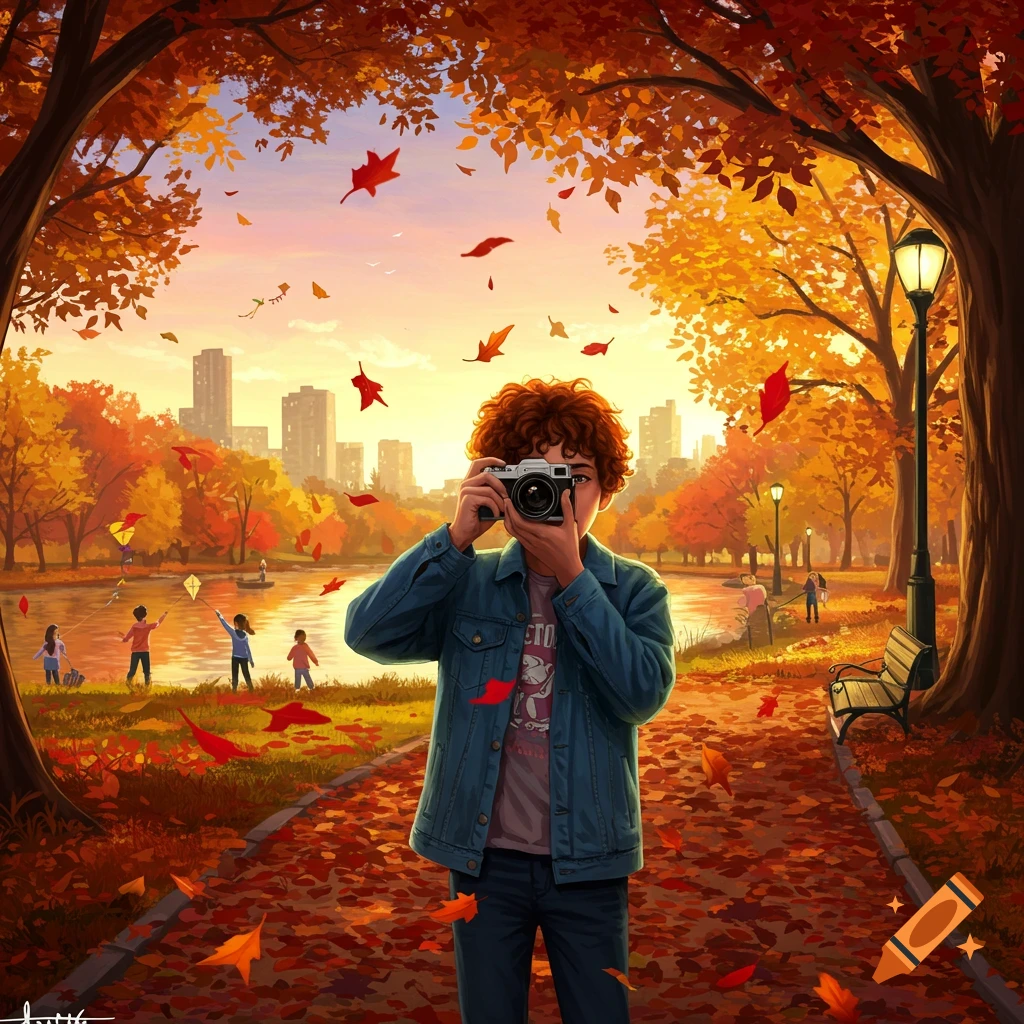 A stylized illustration of a boy with curly red hair taking a photo in a vibrant autumn park with falling leaves, a lake, children playing, and a city skyline.