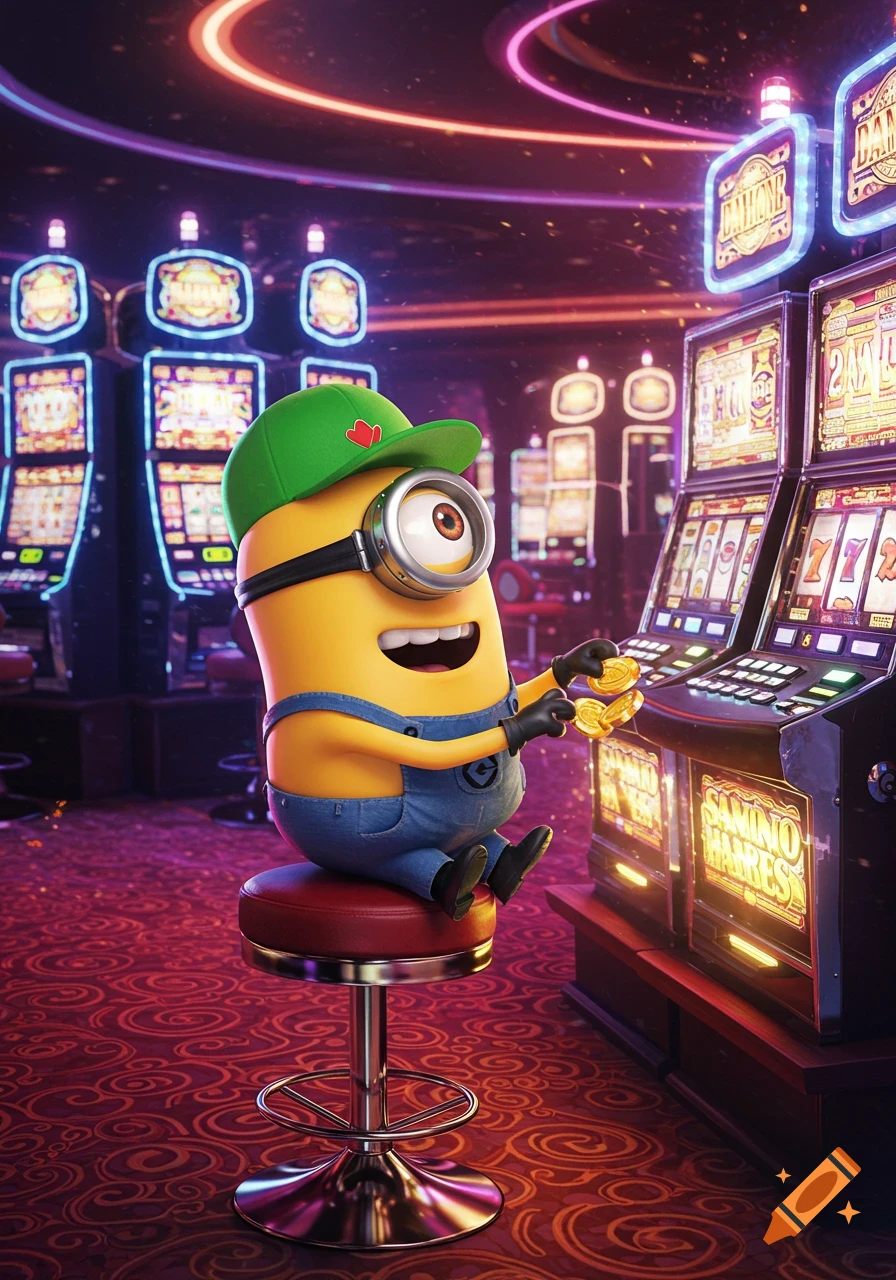 A Minion wearing a green baseball cap sits on a red stool, holding gold coins at a slot machine in a brightly lit casino. Photorealistic style.