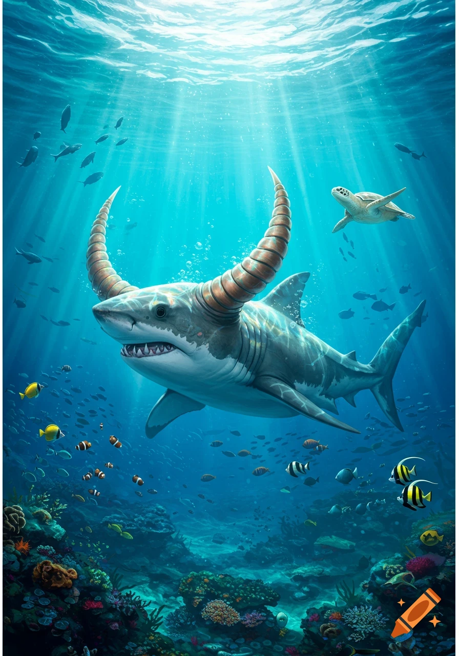 A horned shark swims in a vibrant coral reef with other fish and a sea turtle as sun rays penetrate the clear blue water.