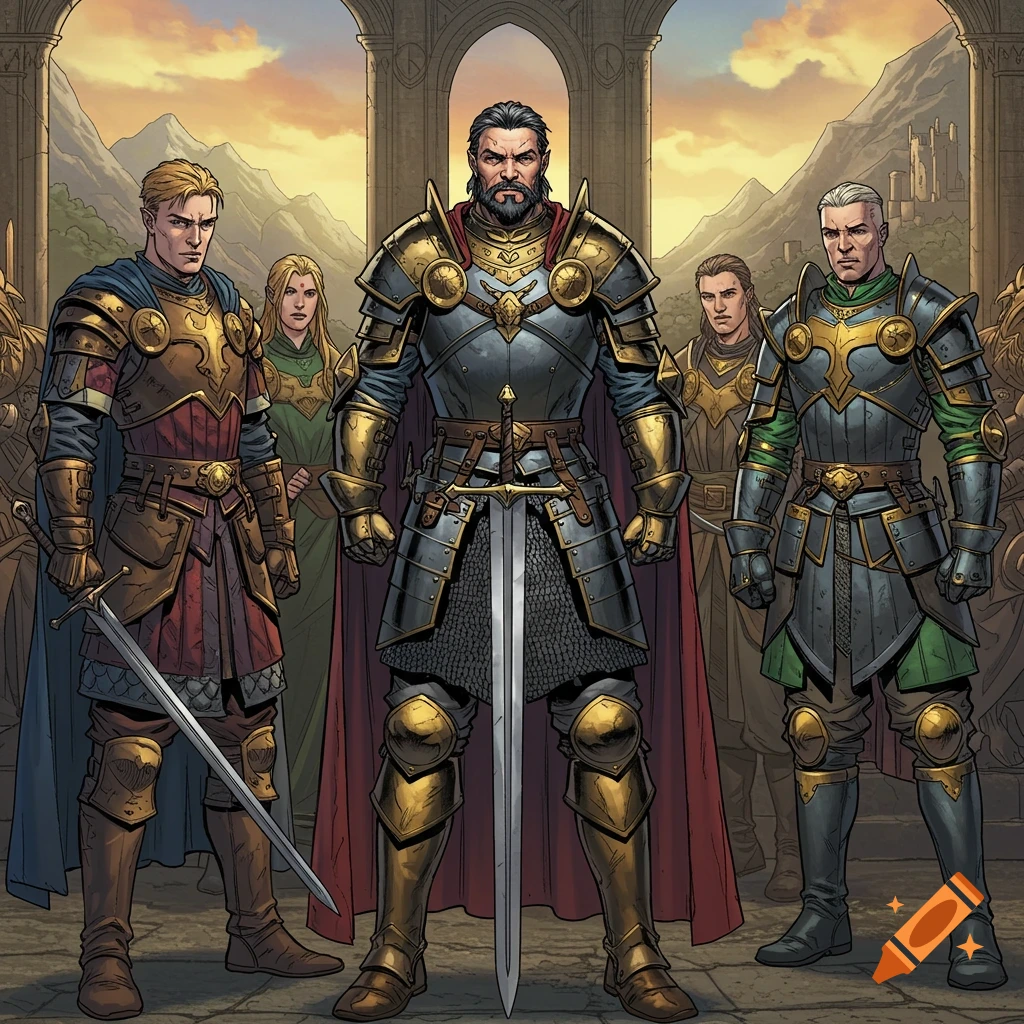 Three armored knights and two women stand in a fantasy setting with mountains and ancient architecture under a dramatic sky in an illustrative style.