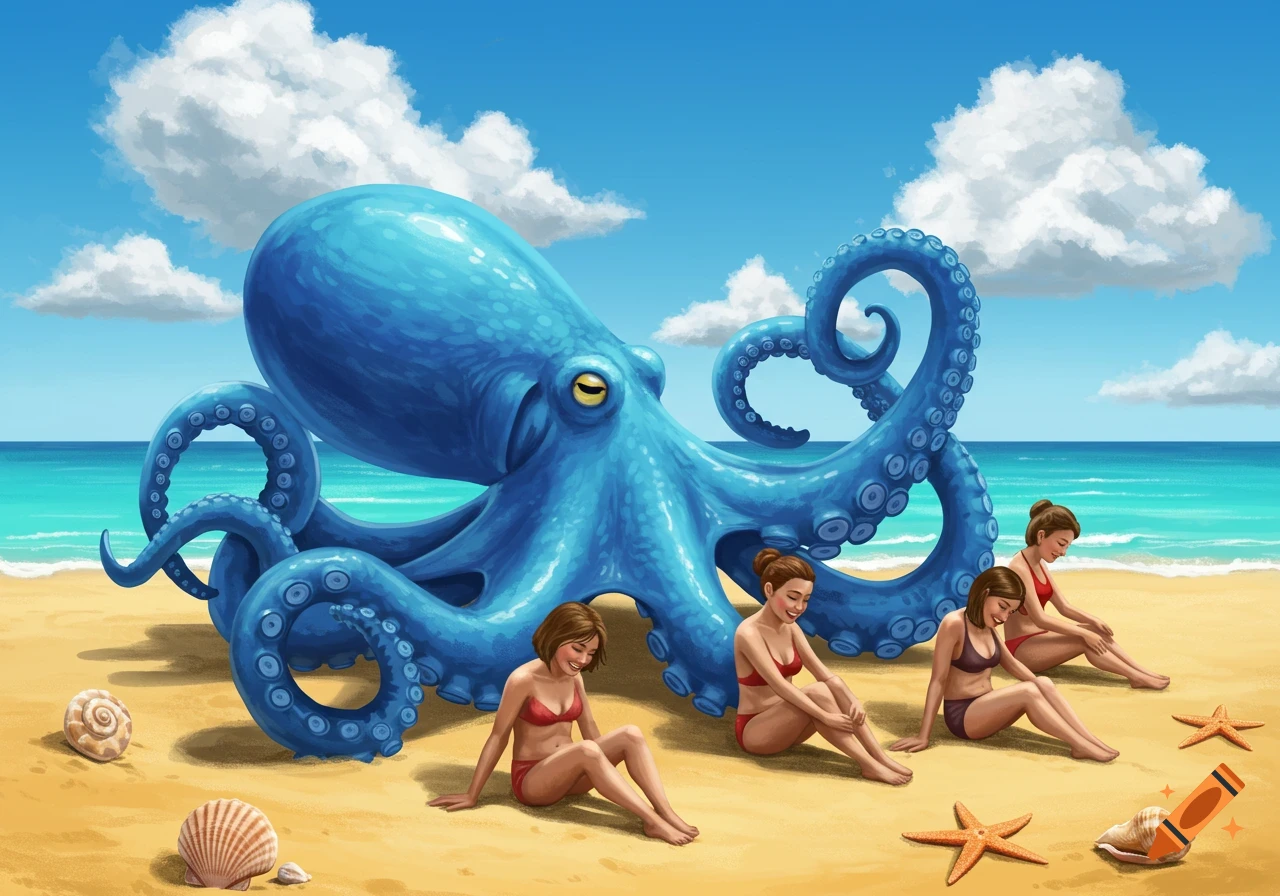 An illustration of a large blue octopus on a sandy beach next to four women in bikinis, with the ocean and blue sky.