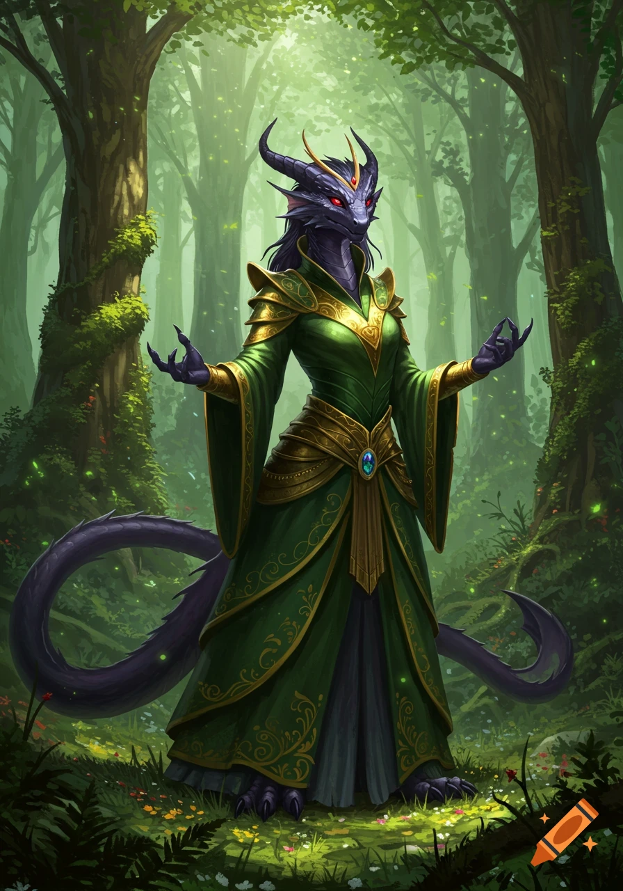A dark purplish-blue vran in ornate green and gold robes stands in a sunlit, mystical forest with glowing particles.