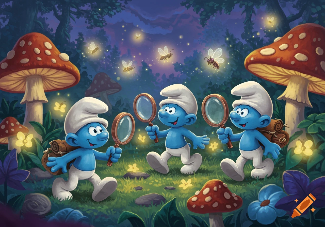 Three Smurfs with magnifying glasses explore a magical forest at dusk, surrounded by glowing fireflies and large mushrooms in a cartoon style.