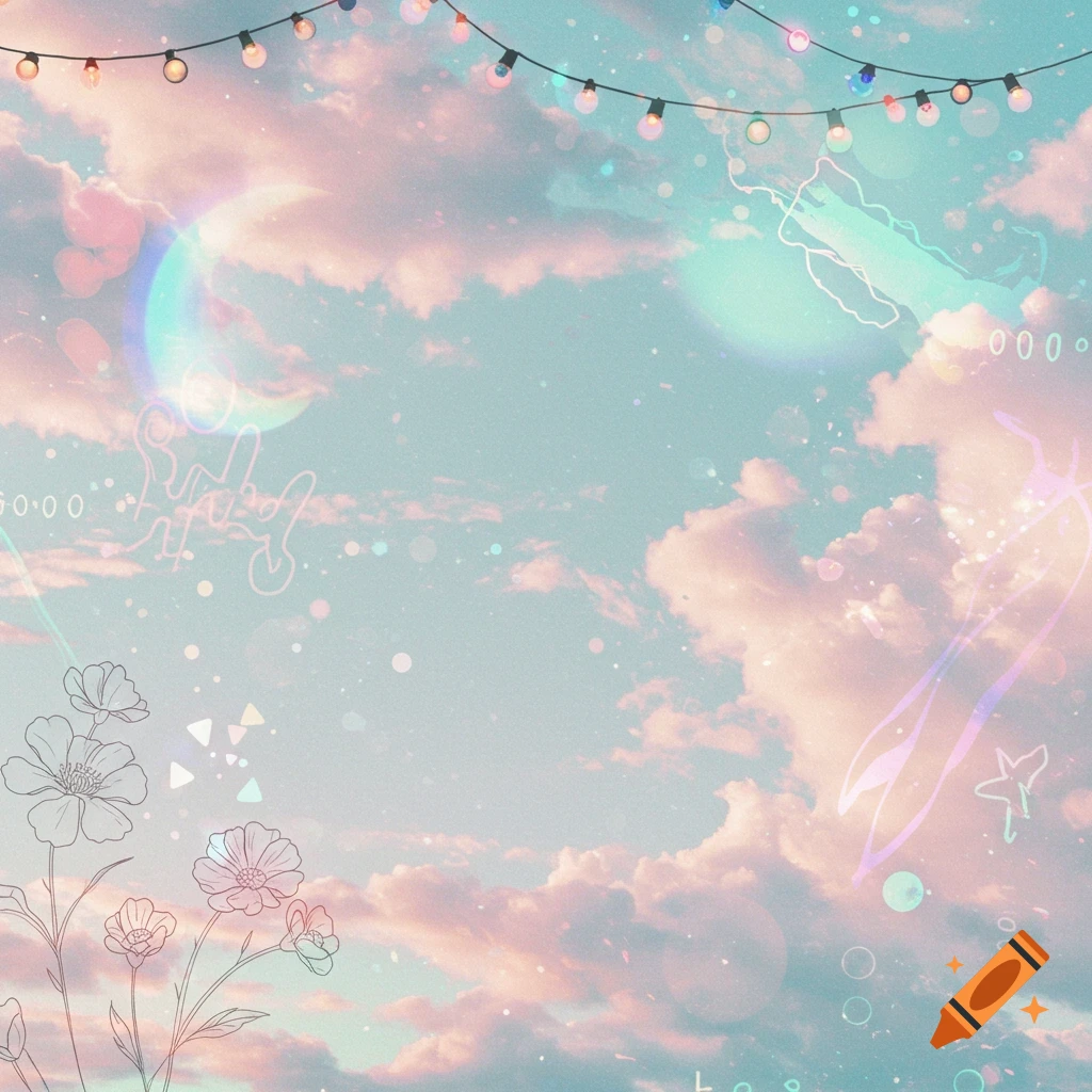 Dreamy pastel sky with pink and blue clouds, fairy lights, a crescent moon, outlined flowers, and abstract doodles.