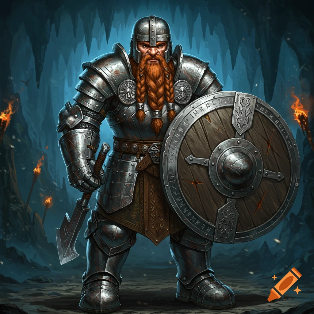 A heavily armored dwarf warrior with a braided orange beard holds a round wooden shield and a short axe in a dark cave with torches.