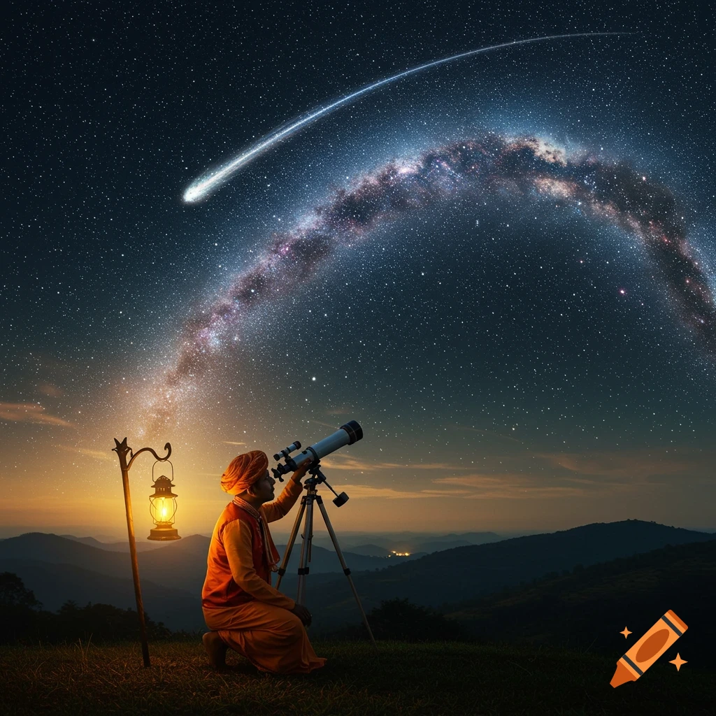 A person in Indian attire kneels, observing a starry night sky with a telescope, Milky Way, and shooting star. A lantern glows.