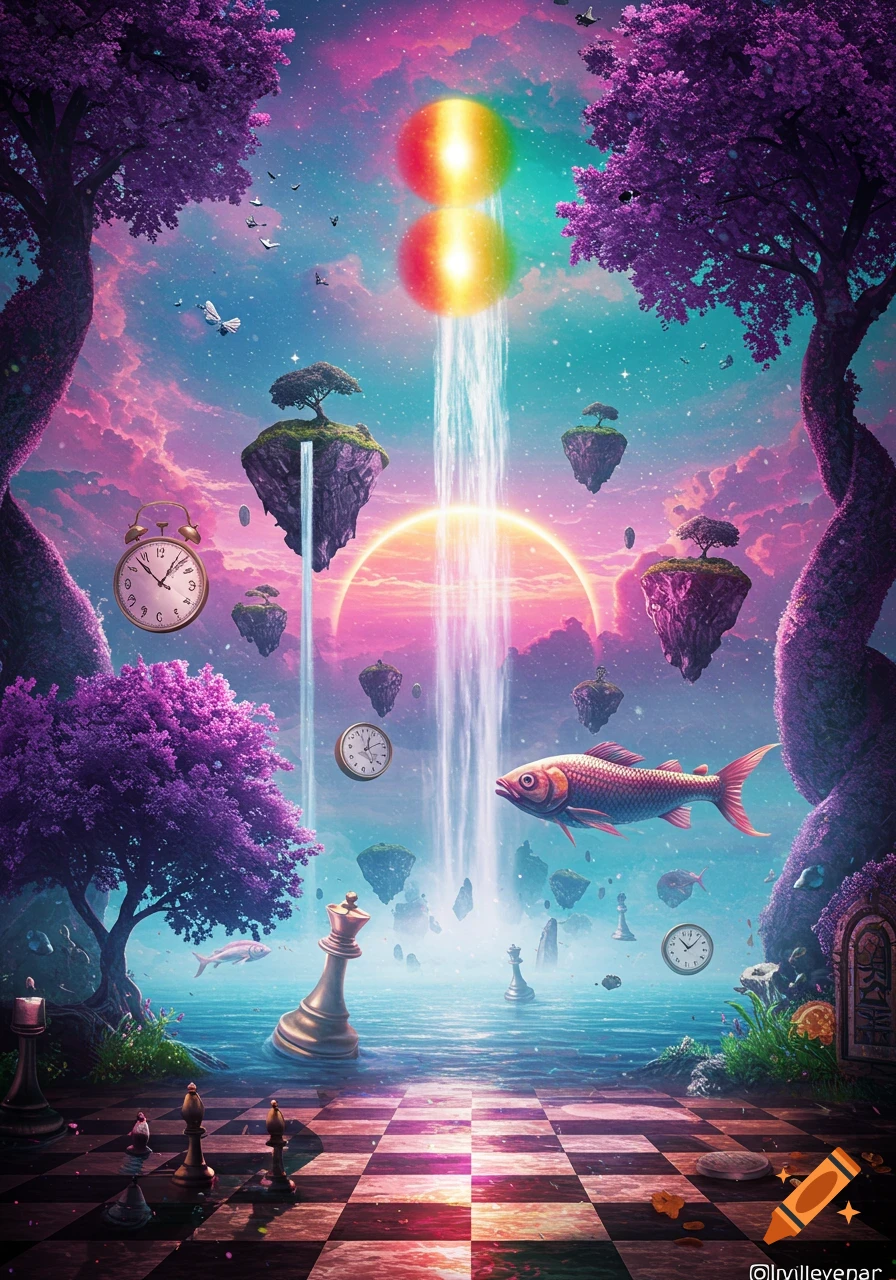 A surreal landscape features floating islands with trees and waterfalls under a vibrant pink and turquoise sky. Large chess pieces, alarm clocks, and a fish float over a checkerboard surface that transitions into water, with a bright light and waterfall in the center.