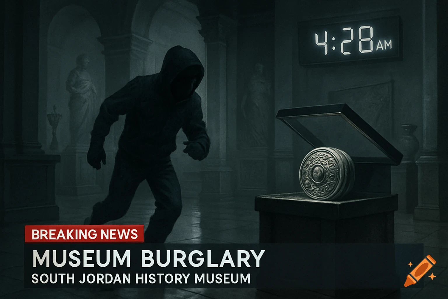A hooded figure burgles a museum at 4:28 AM, with "Breaking News: Museum Burglary" text overlay.