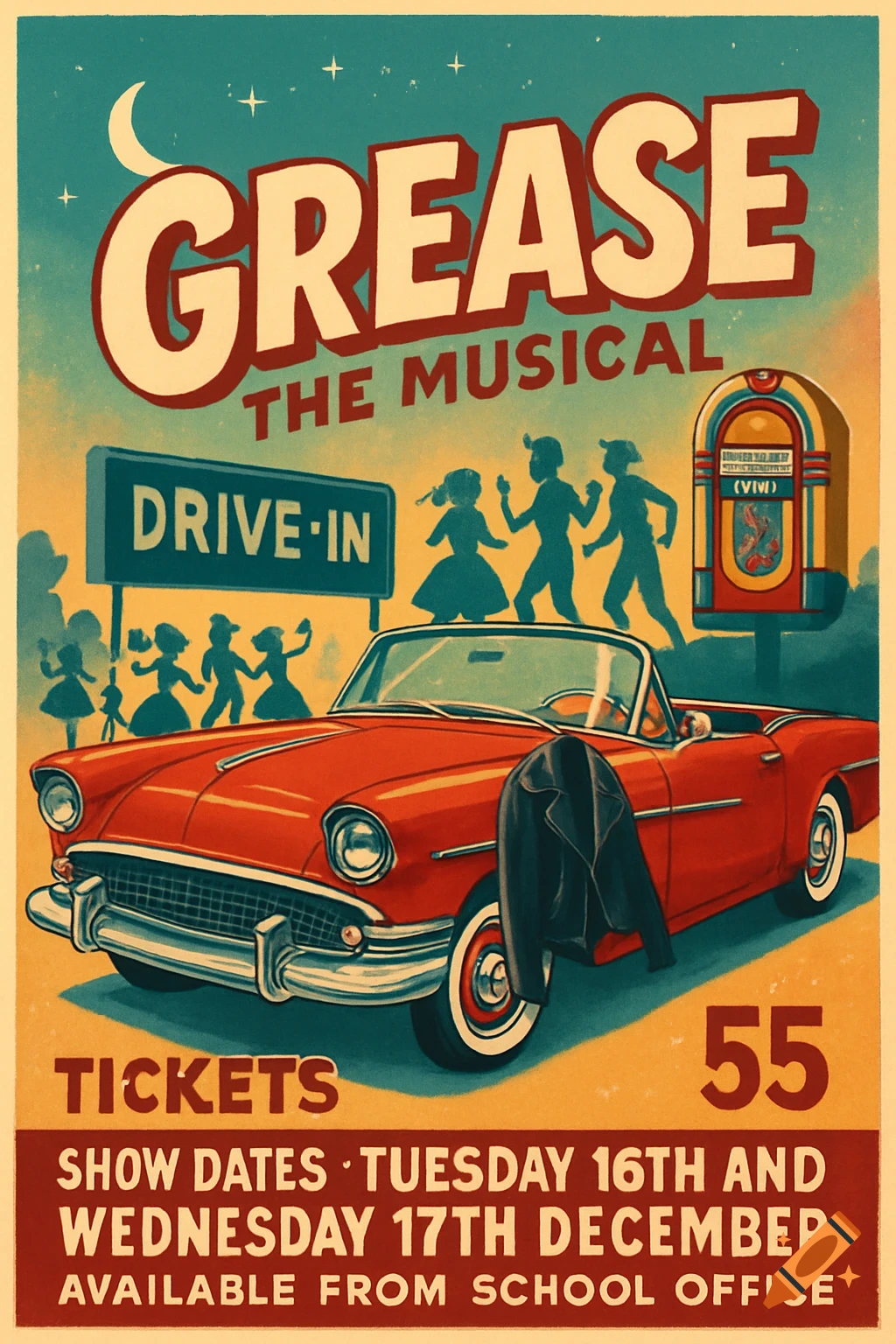 A vintage-style poster for "Grease The Musical" featuring a red classic convertible car, silhouettes of dancing people, a jukebox, and text.