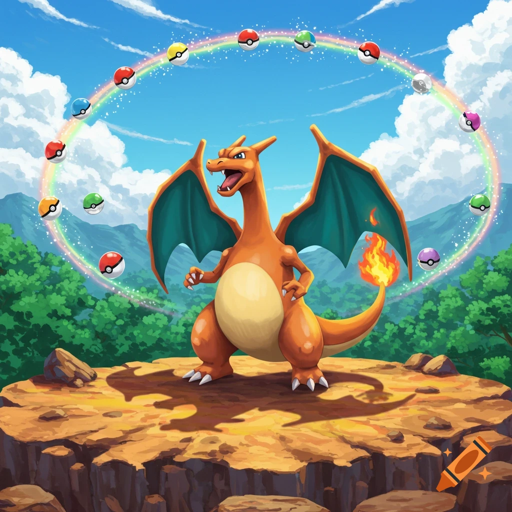 Charizard stands on a rocky cliff under a blue sky, with a rainbow arch of various Poké Balls, trees, and mountains in the background.