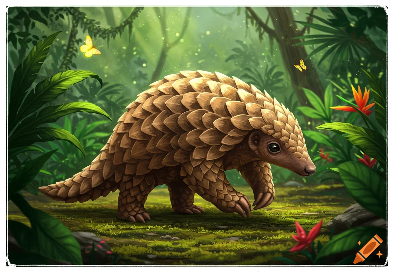 A stylized illustration of a pangolin walking through a lush green jungle with butterflies and colorful flowers.