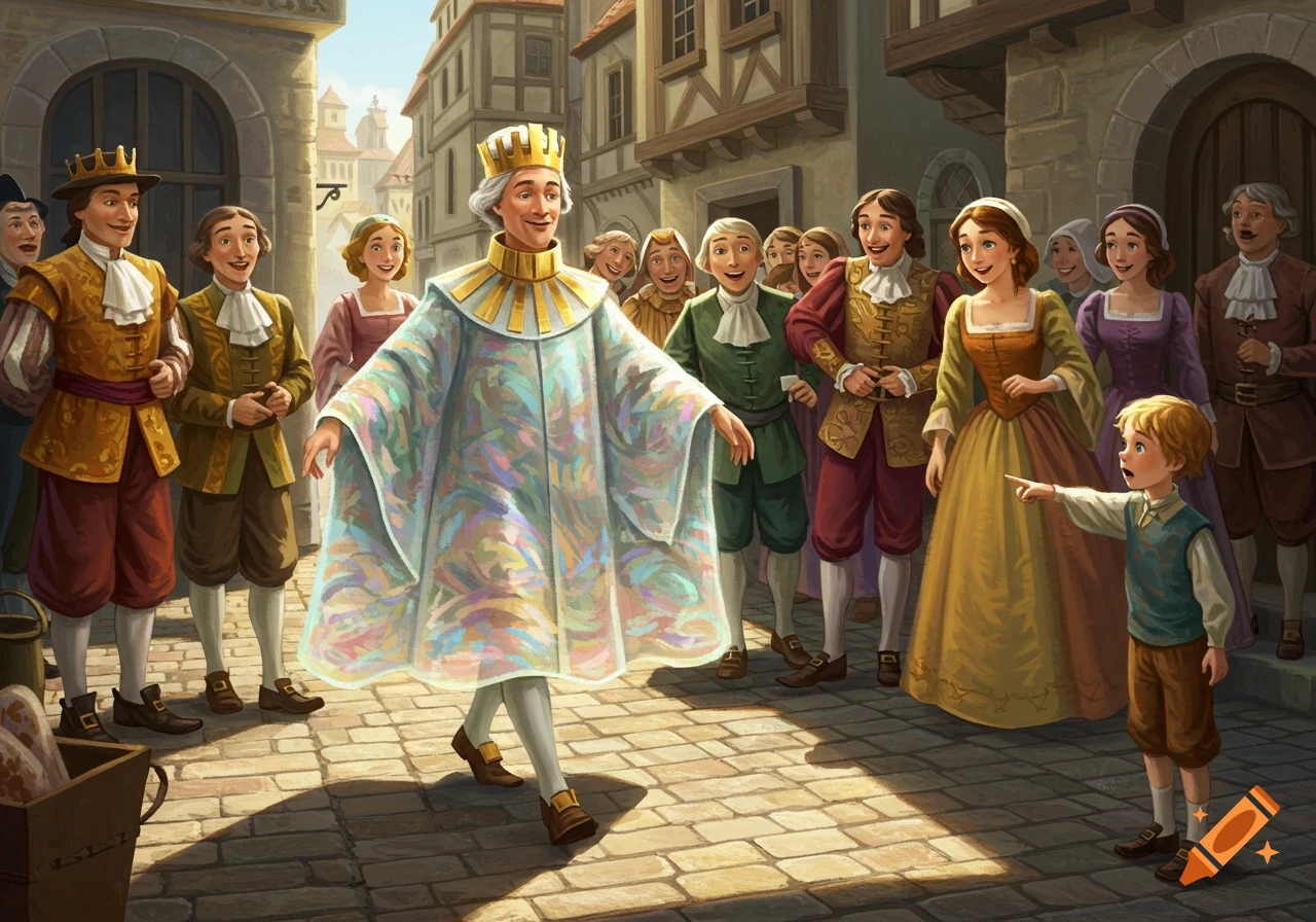 An emperor in a shimmering, colorful, translucent cloak parades through a town square as a crowd admires him, while a child points and gasps.