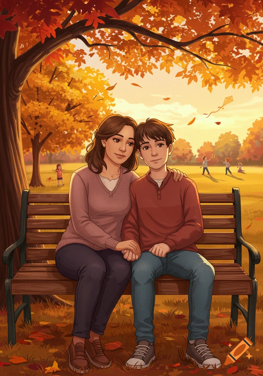 A mother and son hold hands on a park bench in autumn, with kids playing and colorful trees in the background, illustrated.