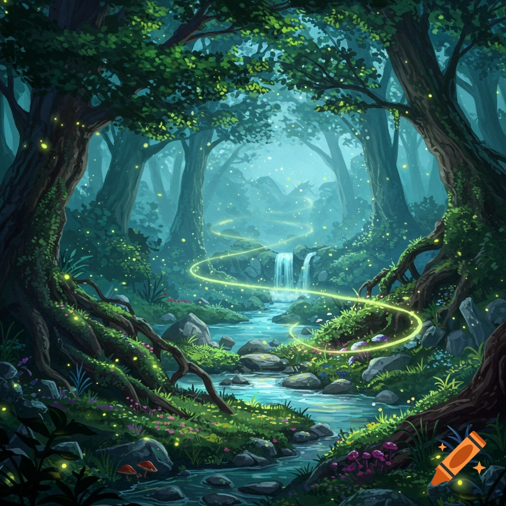 Vibrant magical forest with tall trees, a winding river, waterfall, glowing fireflies, and swirling light paths in a painted style.