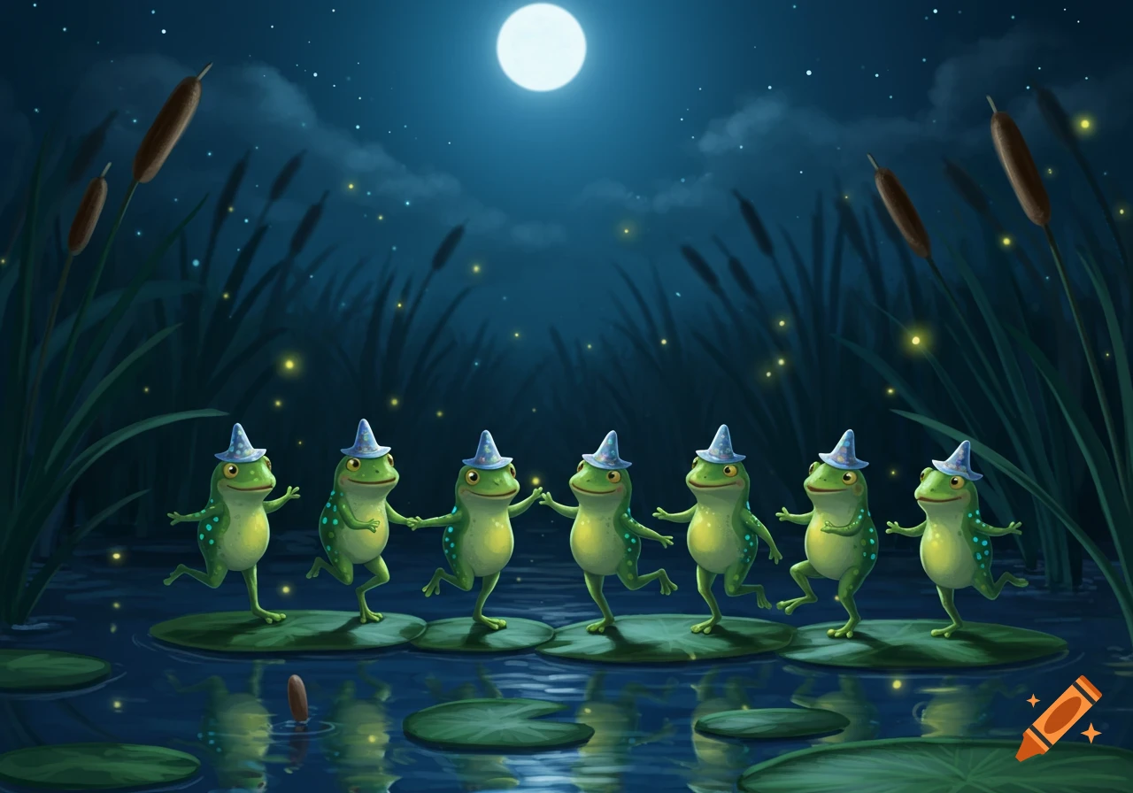 Six green frogs wearing blue wizard hats dance in a line across lily pads on a pond under a bright moon and starry night sky.