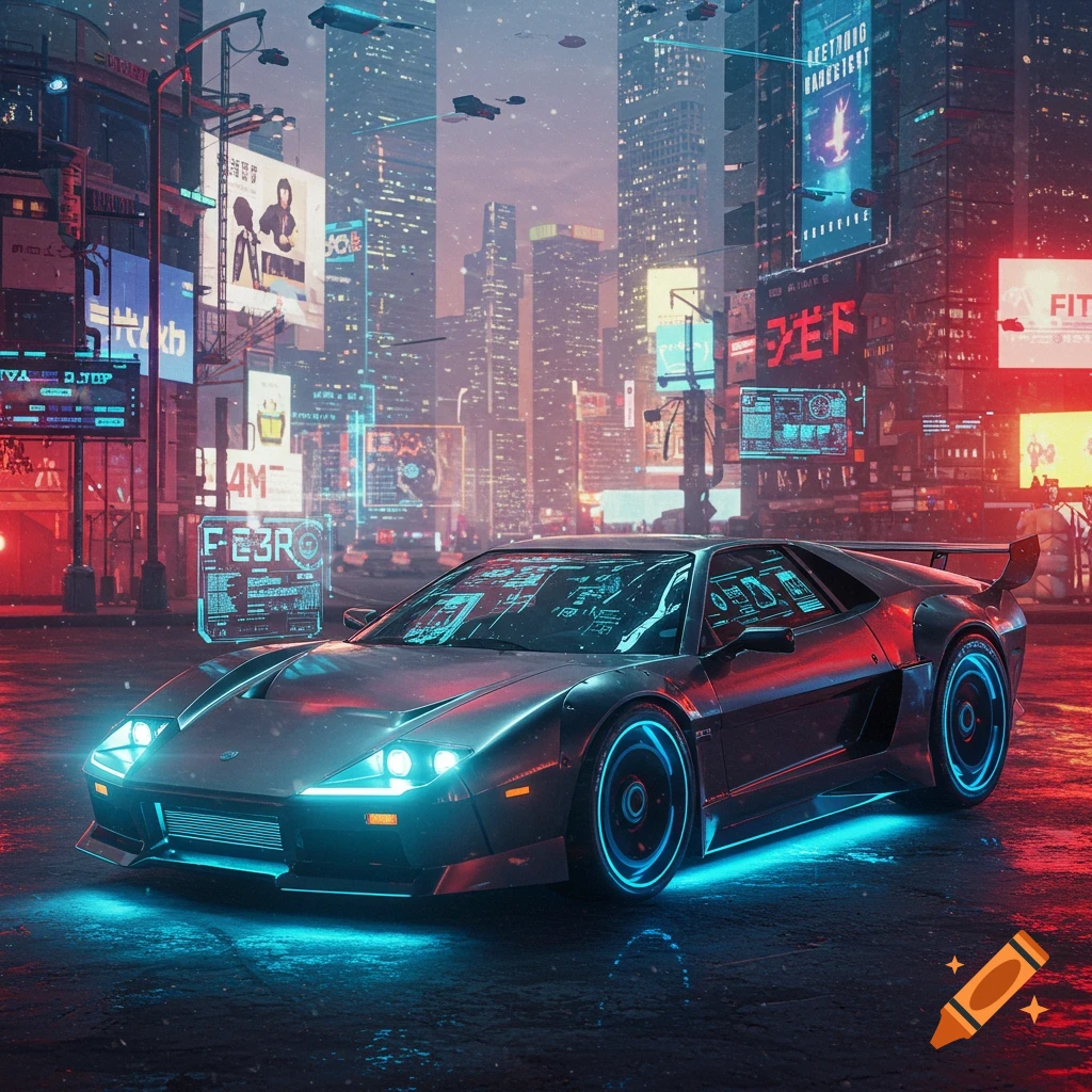 A sleek, black futuristic sports car with glowing blue undercarriage lights and wheel rims sits on a wet street in a neon-lit cyberpunk city at night.