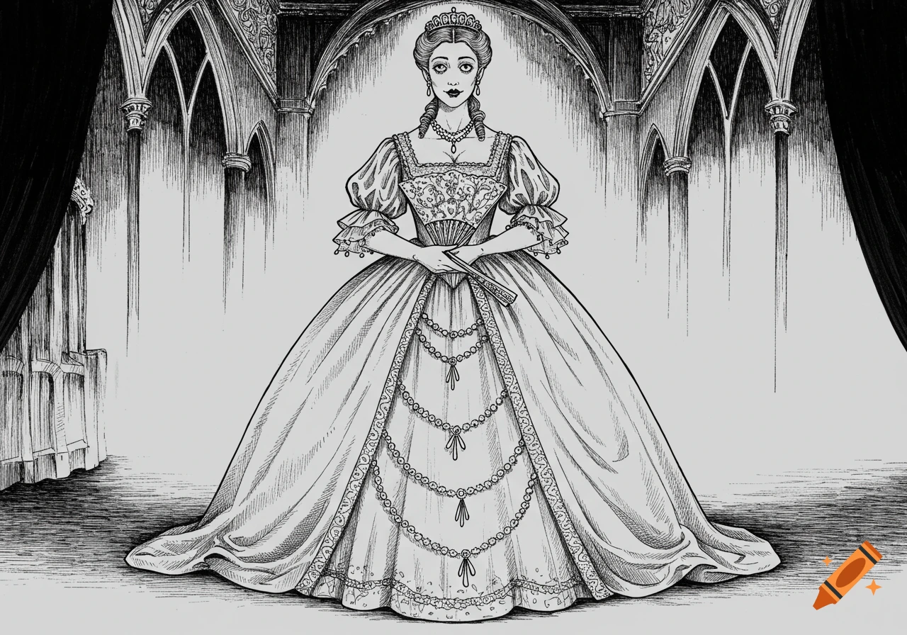 A pen and ink drawing in the style of Edward Gorey of a 19th-century British woman in a ball gown, holding a fan, standing in a gothic hall.