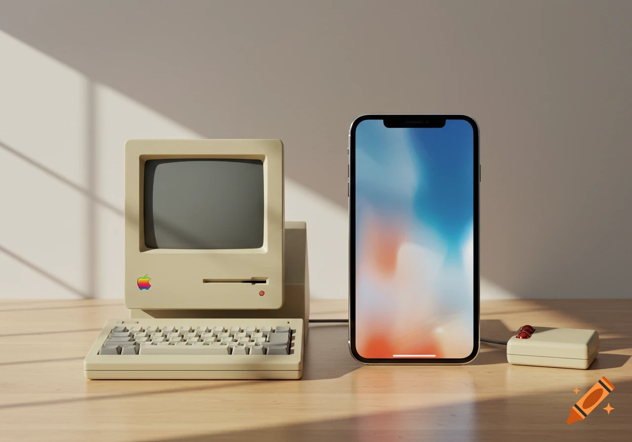 A vintage 1984 Apple Macintosh computer with a keyboard and mouse next to a modern iPhone on a wooden desk.