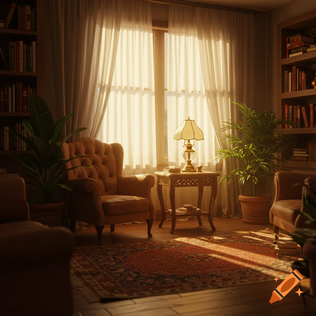 A cozy, sunlit living room with an armchair, side table with a lamp, plants, and bookshelves on either side of a large window.