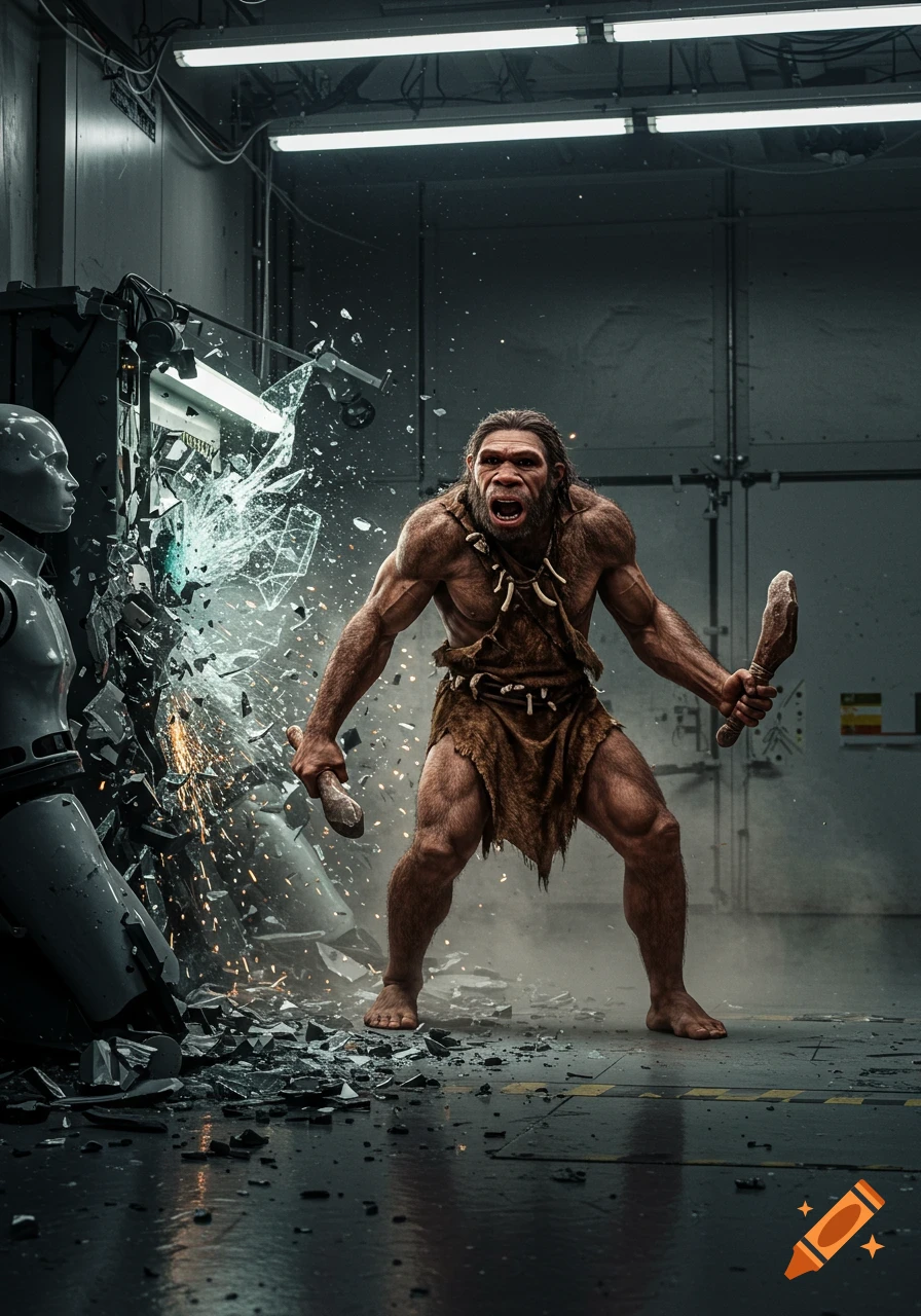 A muscular Neanderthal, yelling, smashes a futuristic machine with a club in a dark, industrial room, causing sparks and debris.