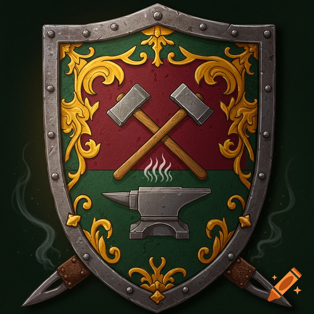 A detailed medieval-style shield with crossed hammers and a smoking anvil on a red and green background with gold embellishments.
