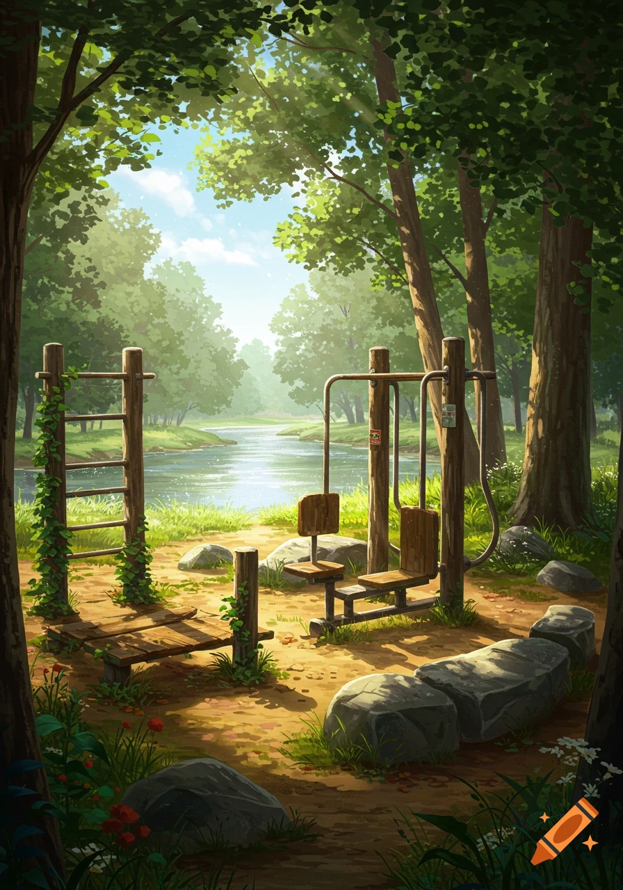 An anime-style illustration of an outdoor gym by a river in a lush green forest under a sunny blue sky.