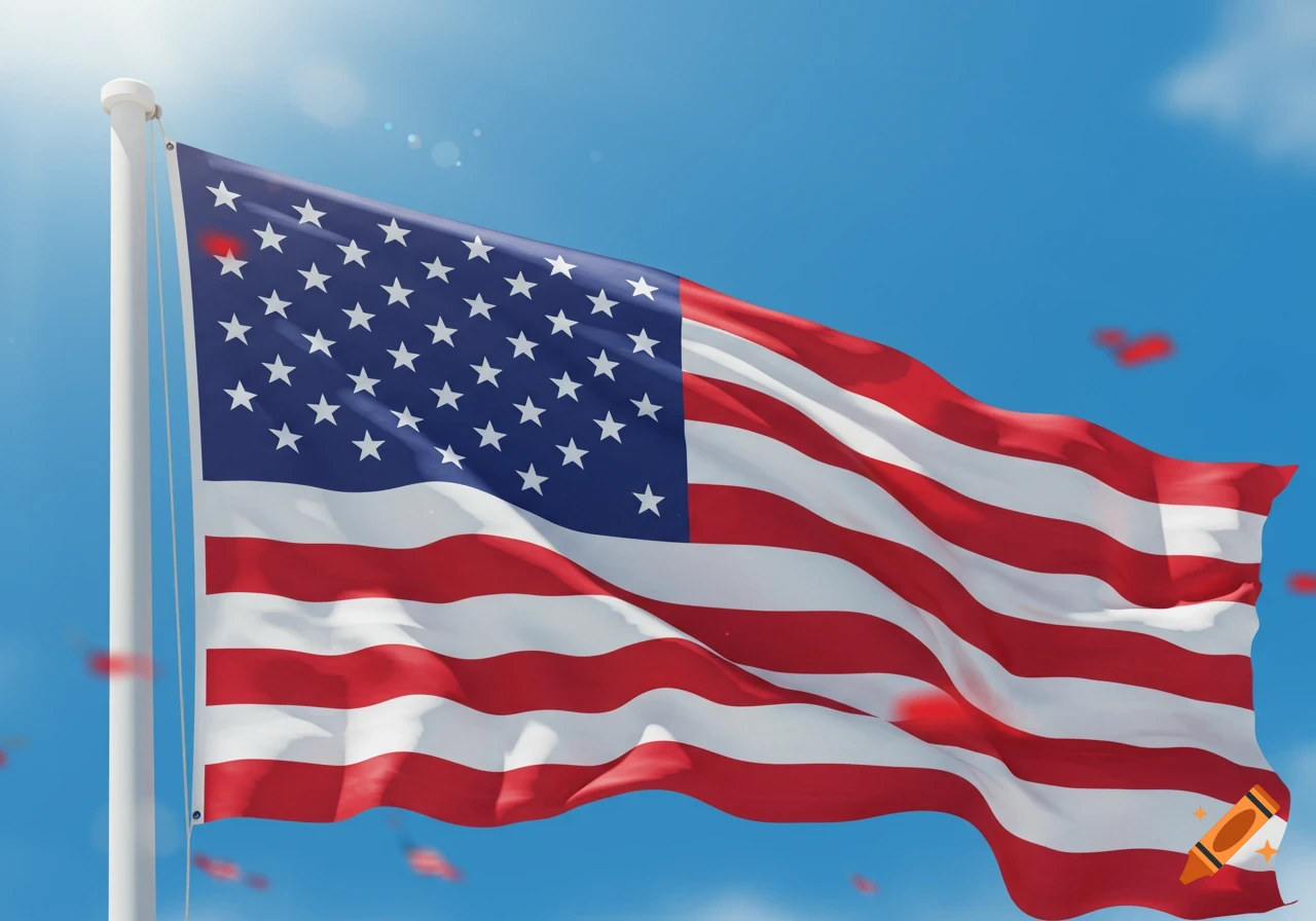 A vibrant United States flag with 50 stars and 13 stripes waves against a clear blue sky, bathed in sunlight.